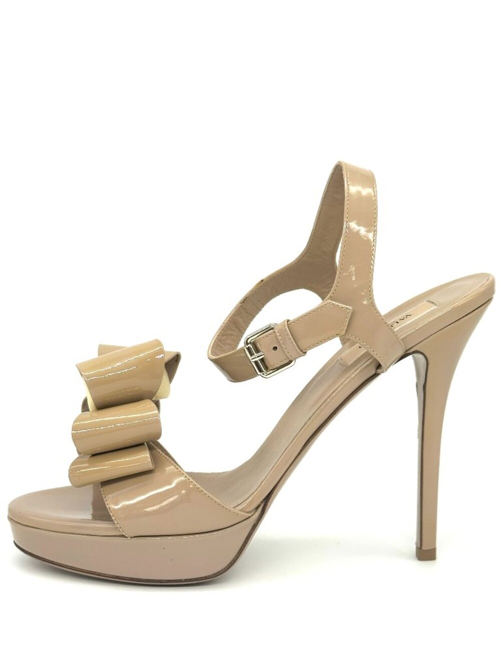 Valentino Garavani Patent Leather Bow Ankle Strap Sandals Heels Shoes Nude
